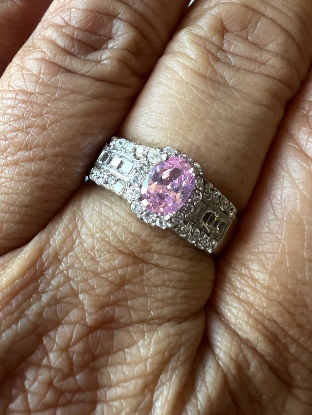 Silver Pink Gemstone Halo Ring Size 8.75 #87514